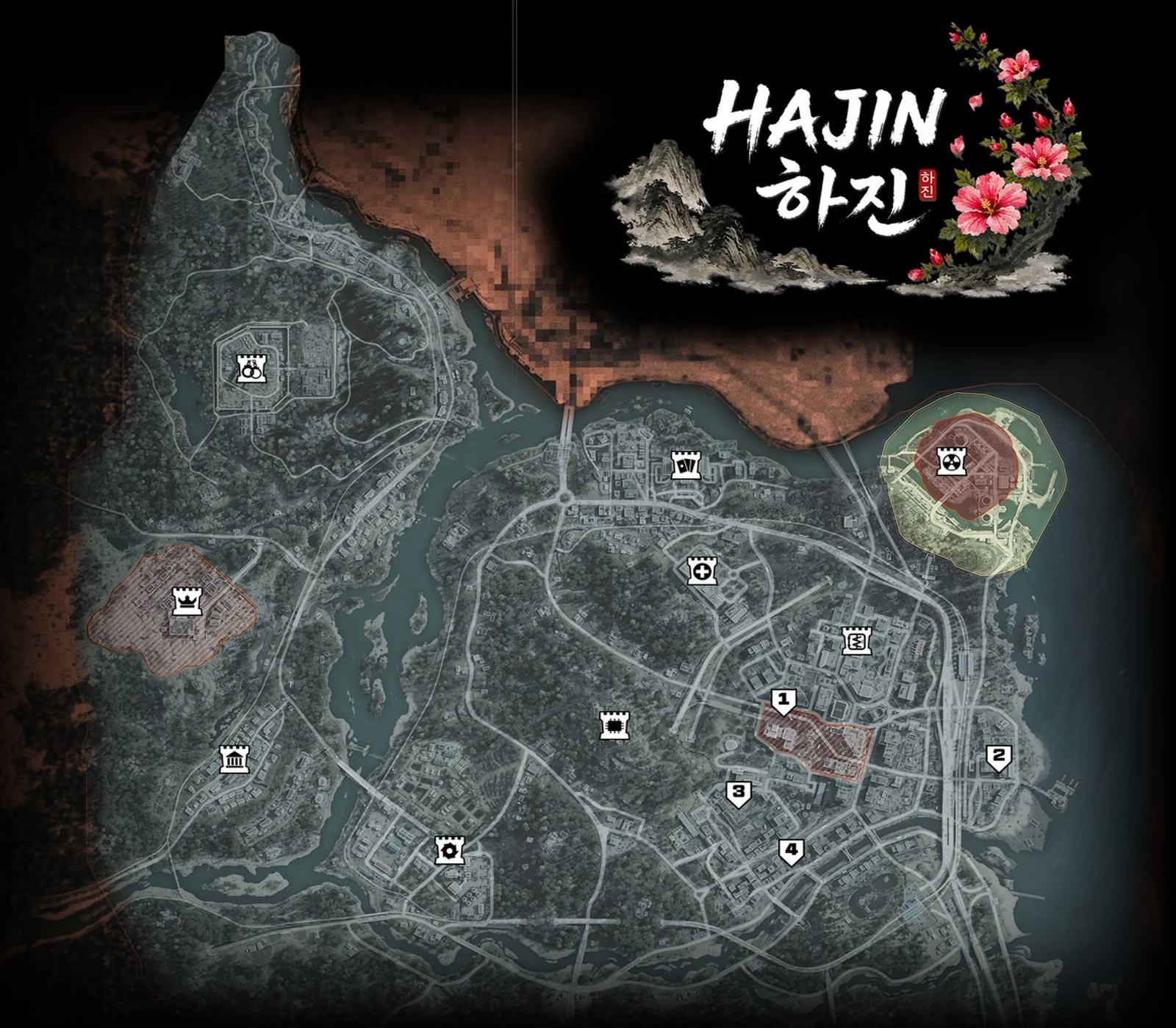 Official tactical map of Hajin showing the northern prison and air base, the Hajin River, Hajin City districts, the nuclear reactor and the southern farmland