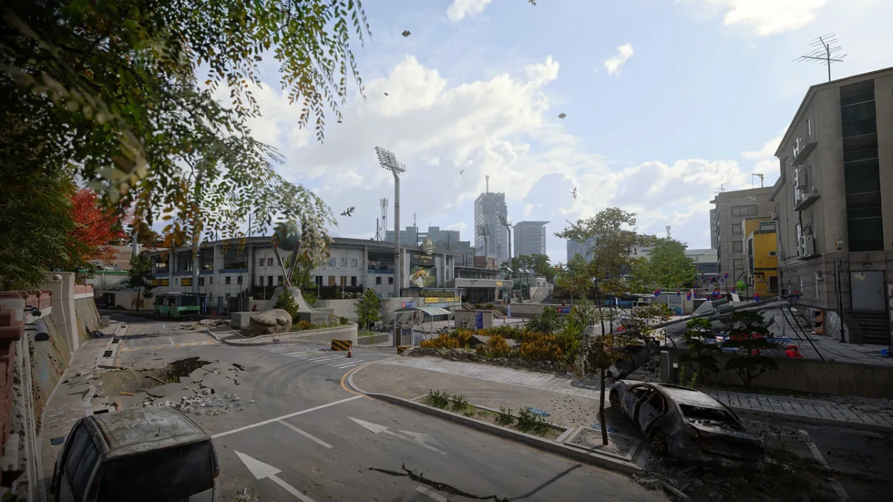 Overhead tactical view of the Wolves Stadium Ground War map in Modern Warfare 4